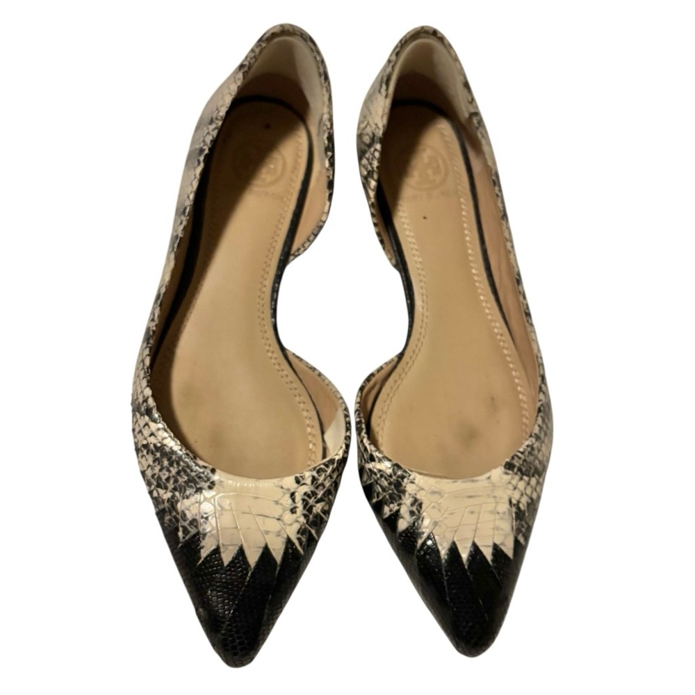 Tory Burch Black and Cream Snakeskin-Print Pointed Toe Flats
